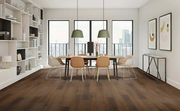 vinyl plank flooring in mid century modern dining room