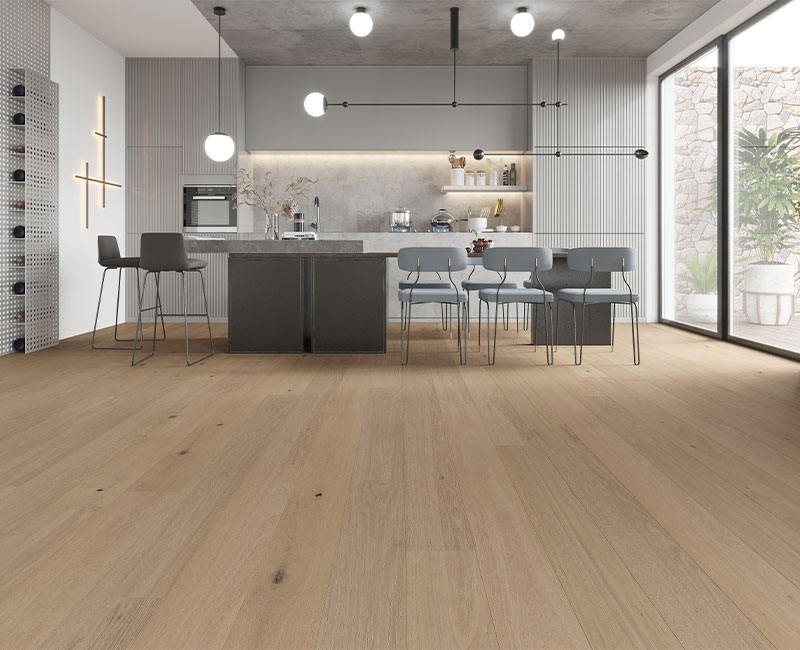 laminate flooring in kitchen with modern decor.