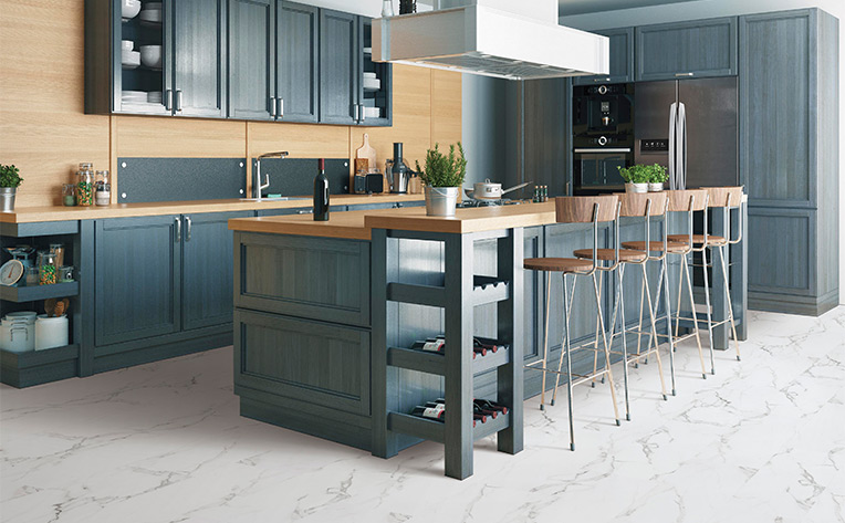 tile in kitchen with green cabinets